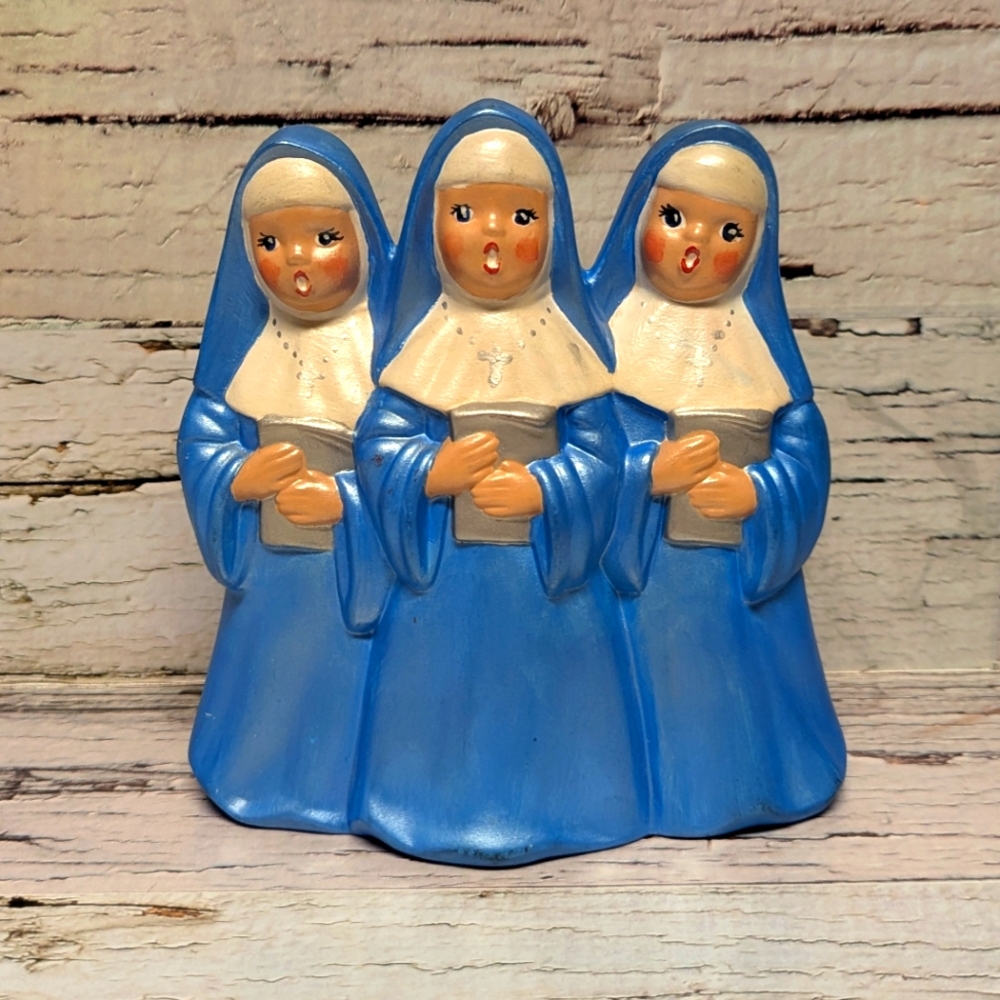 Blue Singing Nun Ceramic Taper Candle Holder Religious Hand Painted Figurine